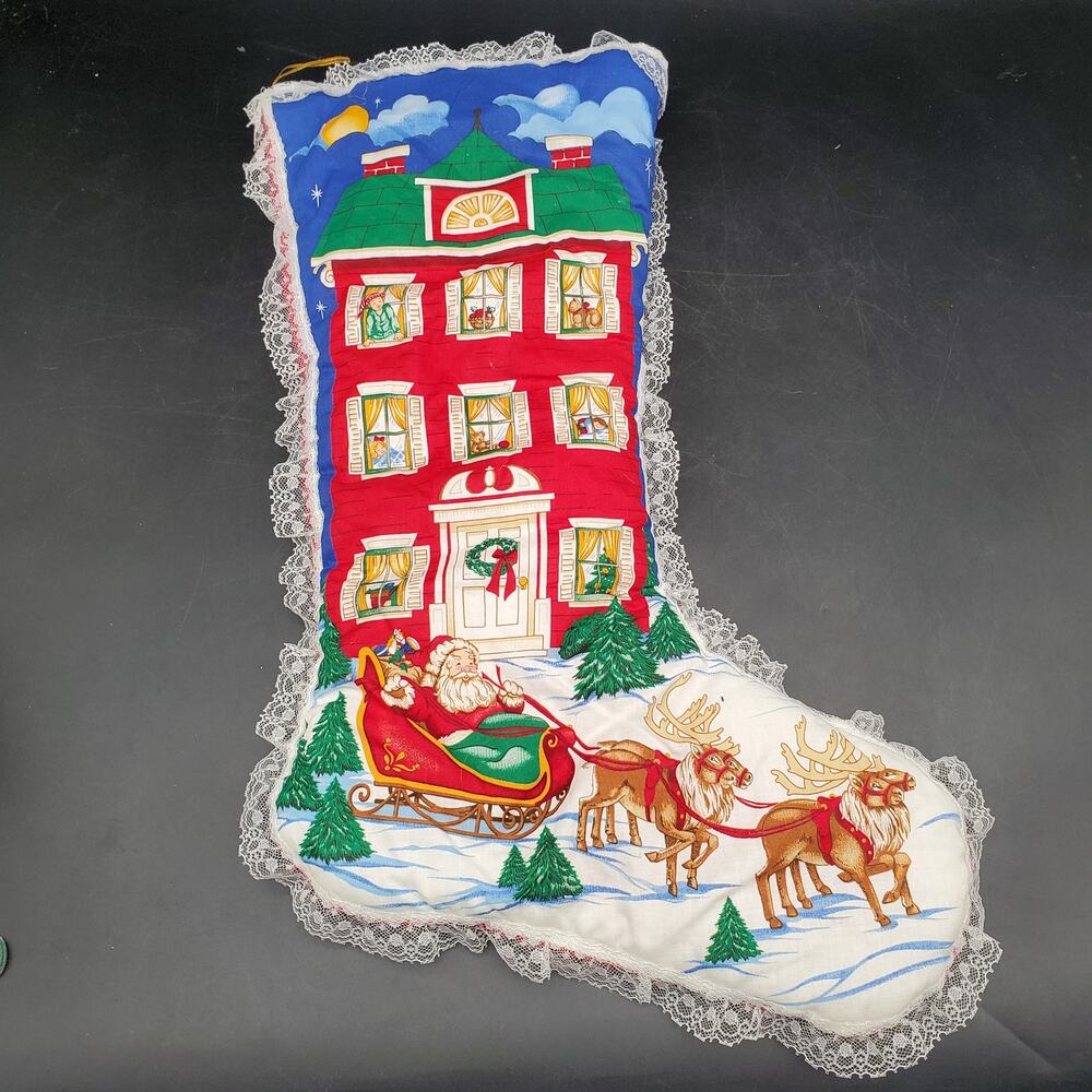 Vintage Christmas Stocking Santa Reindeer Night Before Christmas